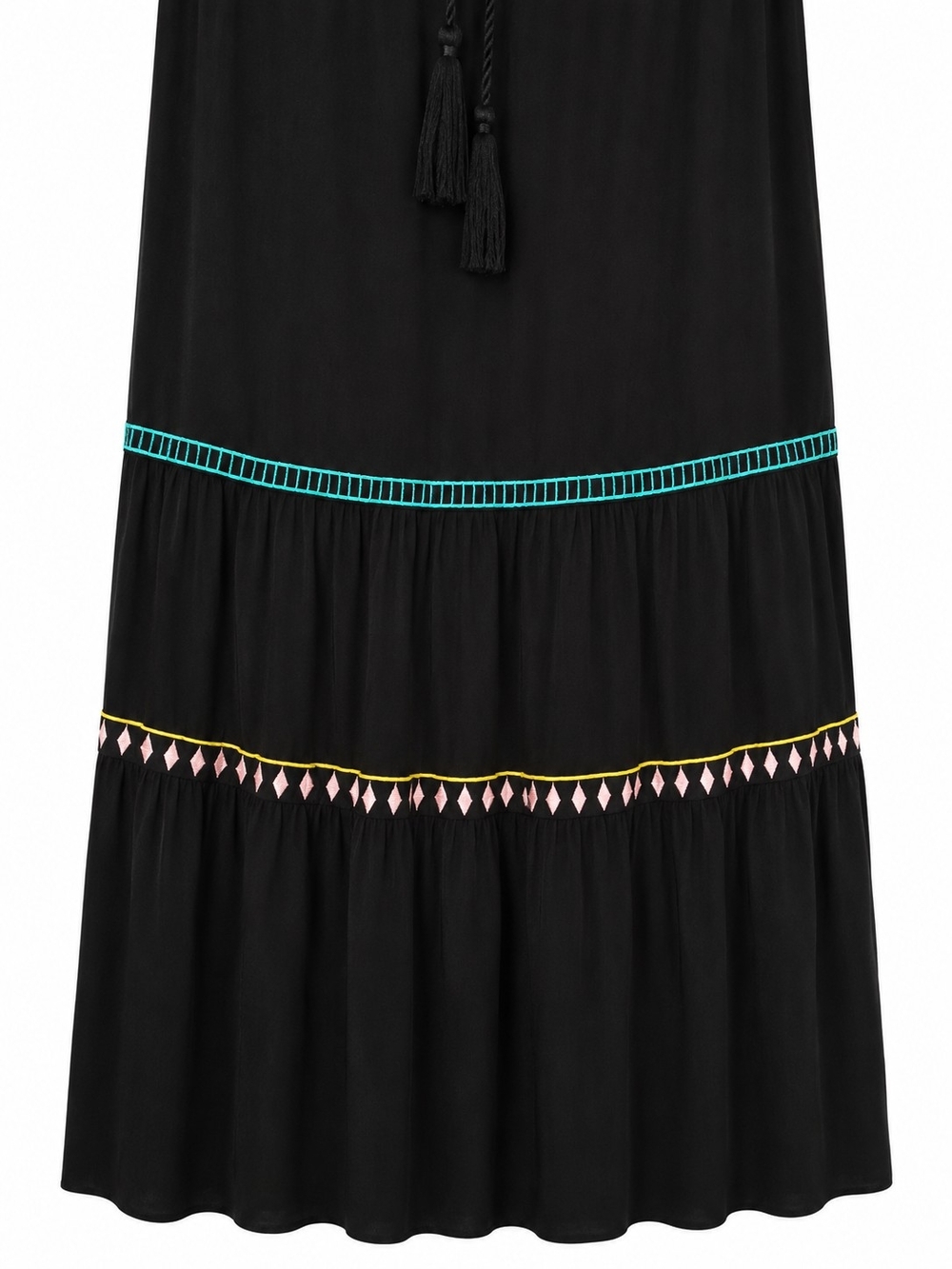 Flying Tomato Strapless Boho Maxi Dress Size L Black Embroidered Tribal Print - Picture 5 of 11